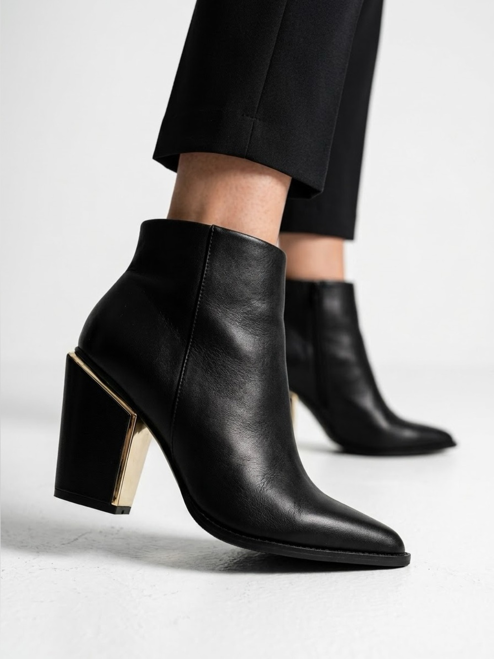 Aldo black leather block heel ankle boots with gold trim - size 8